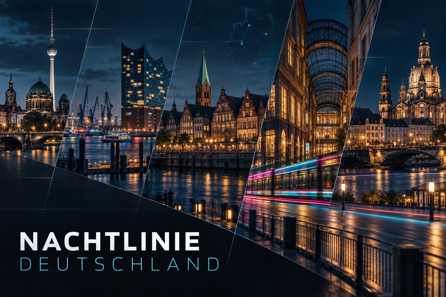 Nächtliche Collage deutscher Großstädte mit Lichtspuren und moderner Architektur